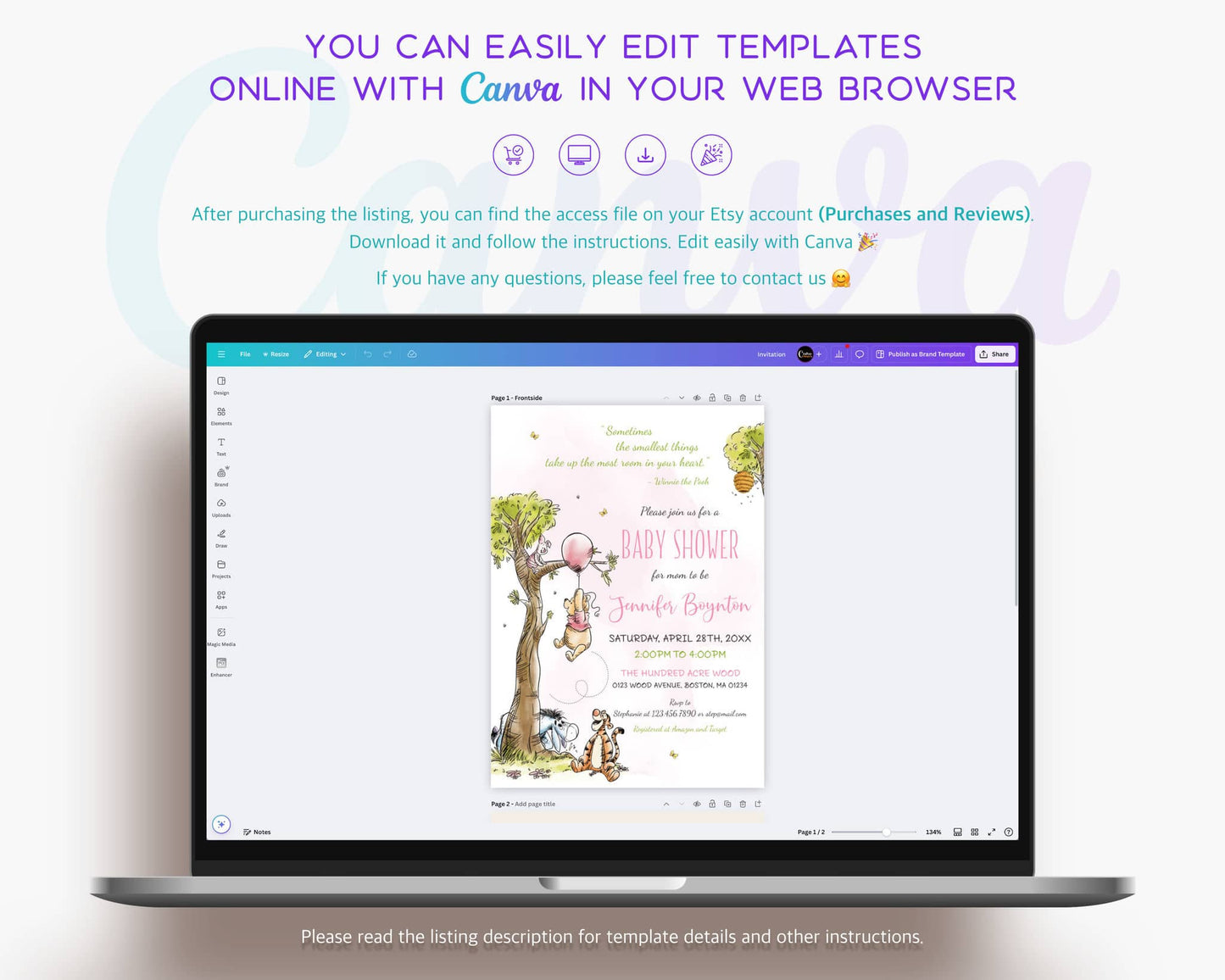 Editable pink Winnie the Pooh baby shower invitation template displayed in Canva editor, easy to customize online and download instantly.