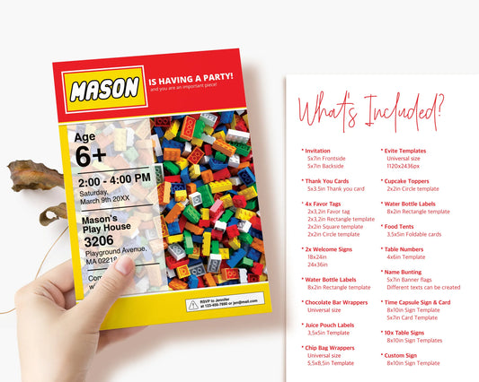 Close up of a building blocks birthday invitation with a list of all digital templates included in the bundle