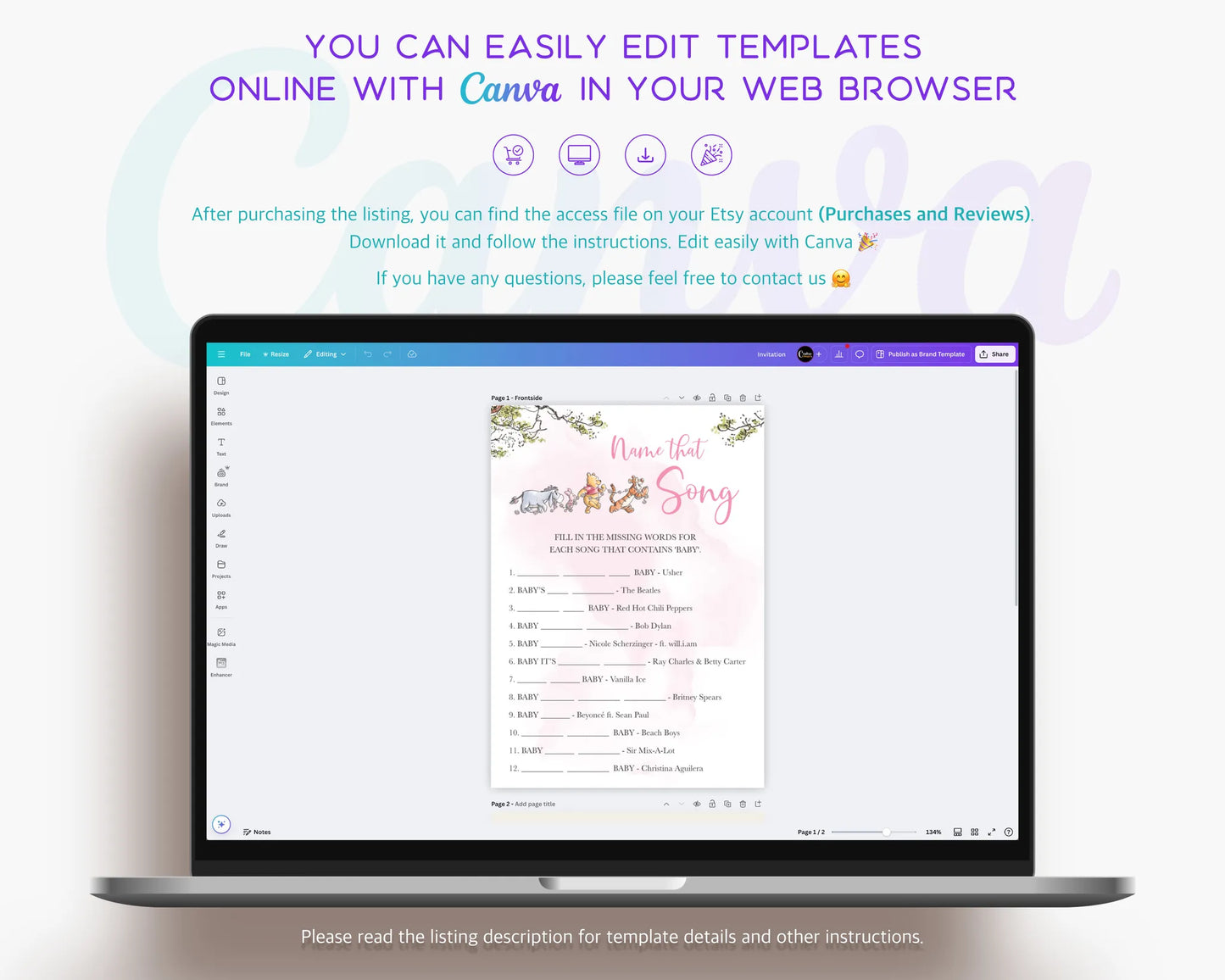 Laptop showing how to easily edit Winnie the Pooh baby shower templates online with Canva