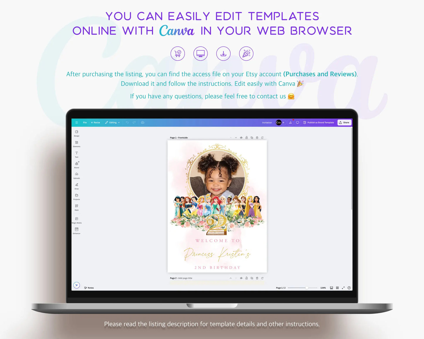Princess welcome sign template shown inside Canva editor, customizable online design with photo upload option for girl’s birthday party décor.