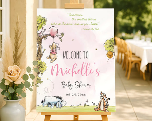 Winnie the Pooh welcome poster with pink watercolor splashes for girl baby shower