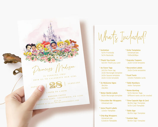 Editable Disney Princess birthday invitation with Cinderella castle and baby versions of Ariel, Belle, Rapunzel, Jasmine, Snow White, Tiana and Aurora.