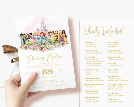 Person holding editable Disney Princess birthday invitation with castle and baby princess characters — printable party template.