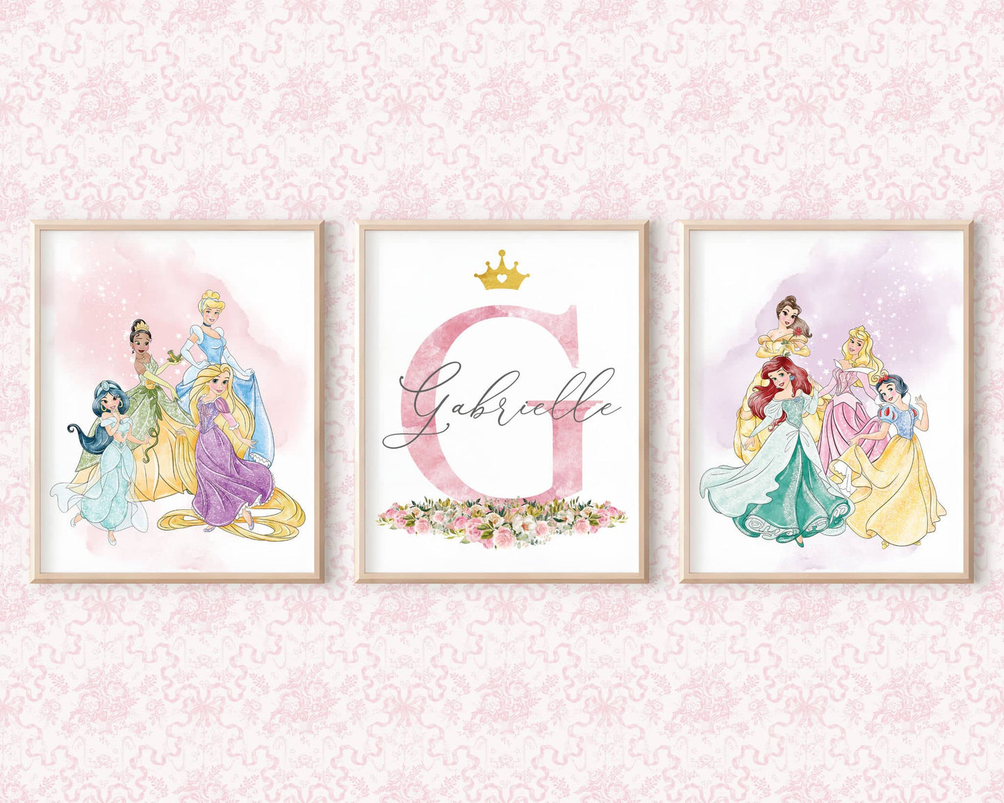 Disney princess personalized wall art with custom name, watercolor poster set including Jasmine, Rapunzel, Cinderella, Tiana, Ariel, Belle, Aurora and Snow White, nursery wall decor.