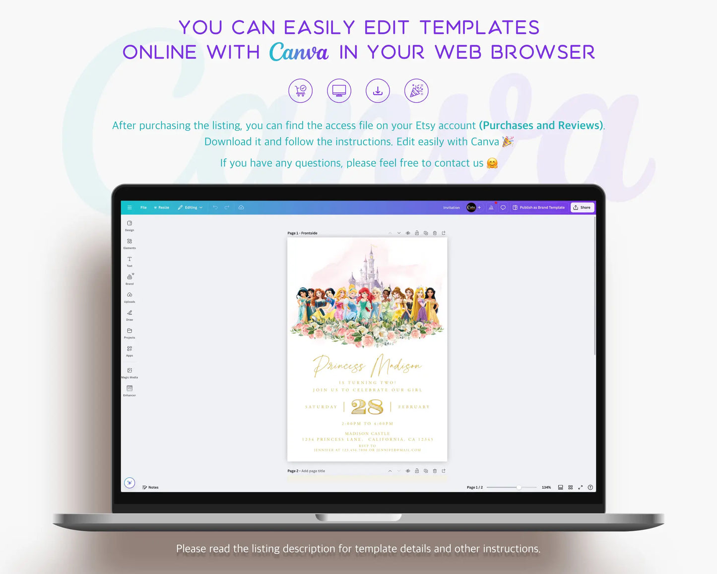 Disney Princess invitation shown in Canva editor — customize name, age and event details instantly.