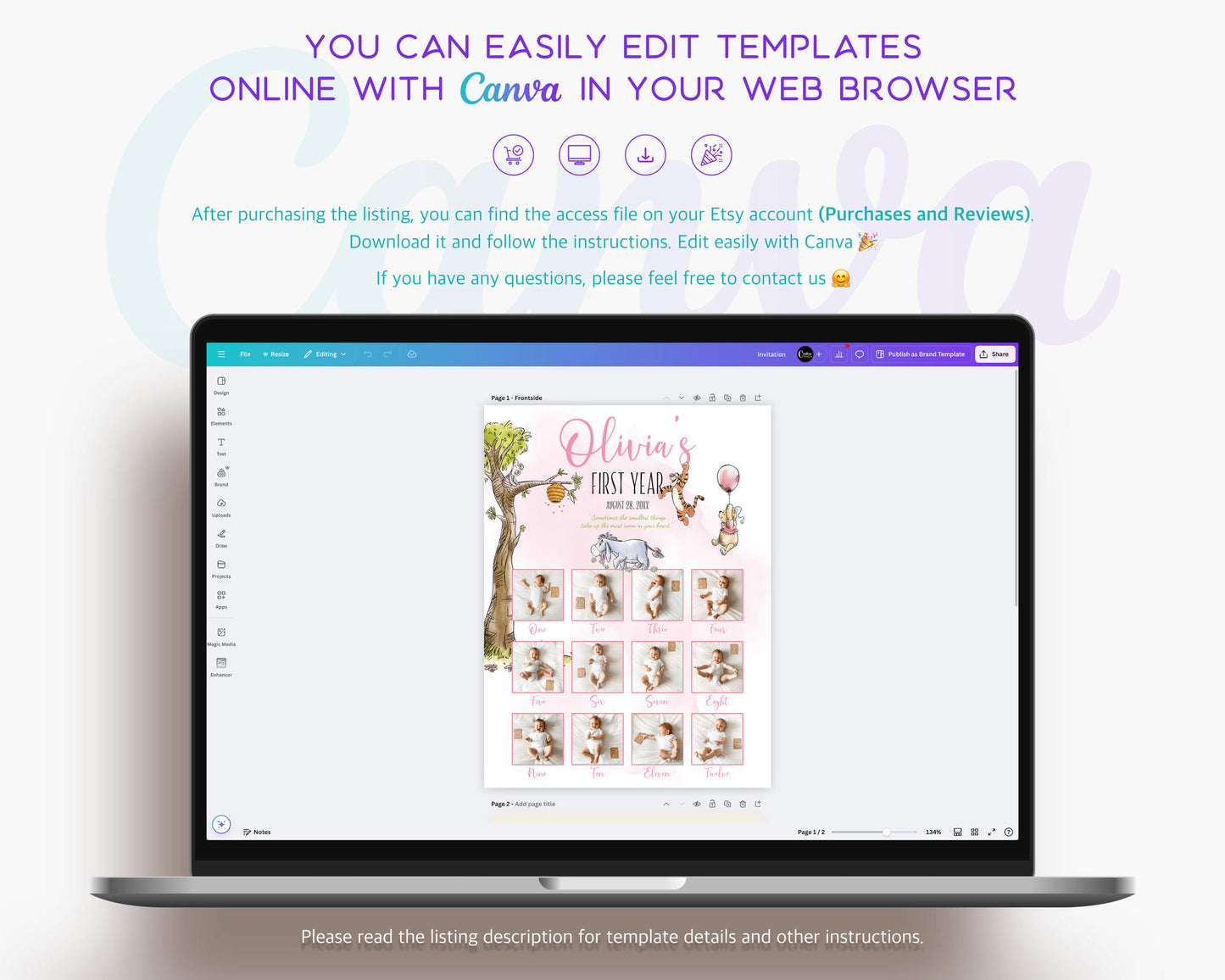 Laptop displaying the step by step process to edit the Winnie the Pooh birthday milestone board in Canva