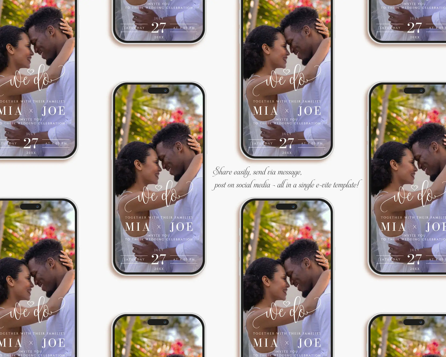 Elegant wedding invitation preview with couple photo, digital Canva RSVP template for modern wedding design.