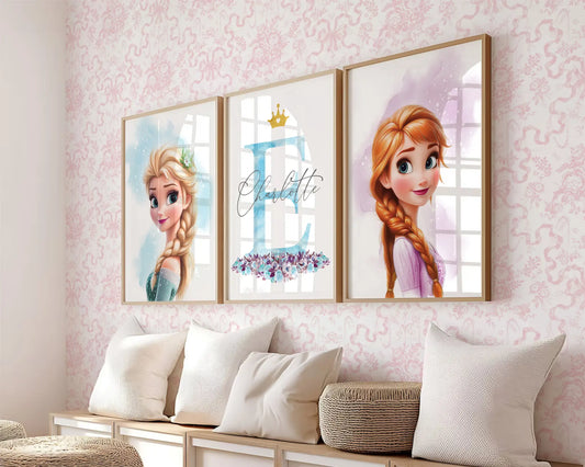 Elsa and Anna posters set on pink wall, customizable Canva wall art for children’s bedroom.