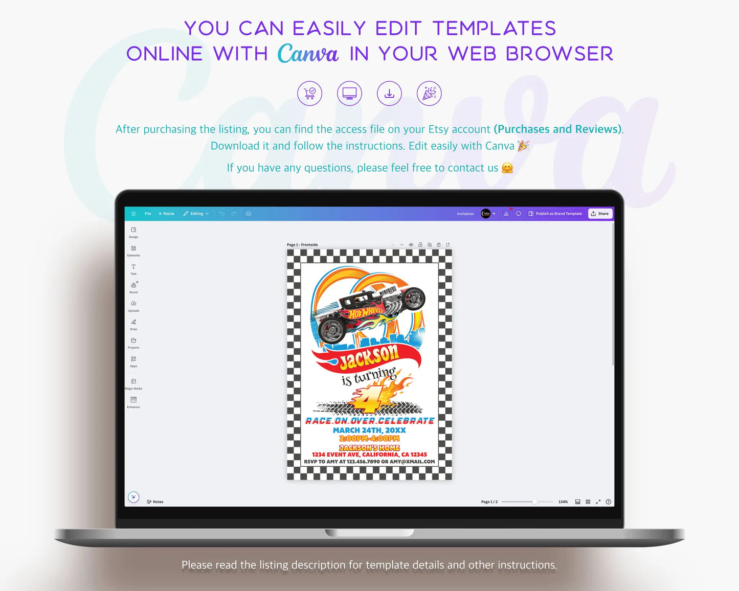 Editable Hot Wheels racing birthday invitation displayed in Canva editor, instant download printable template.