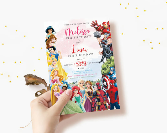 Editable princess and superhero joint birthday invitation for boy and girl, printable party template customizable in Canva.