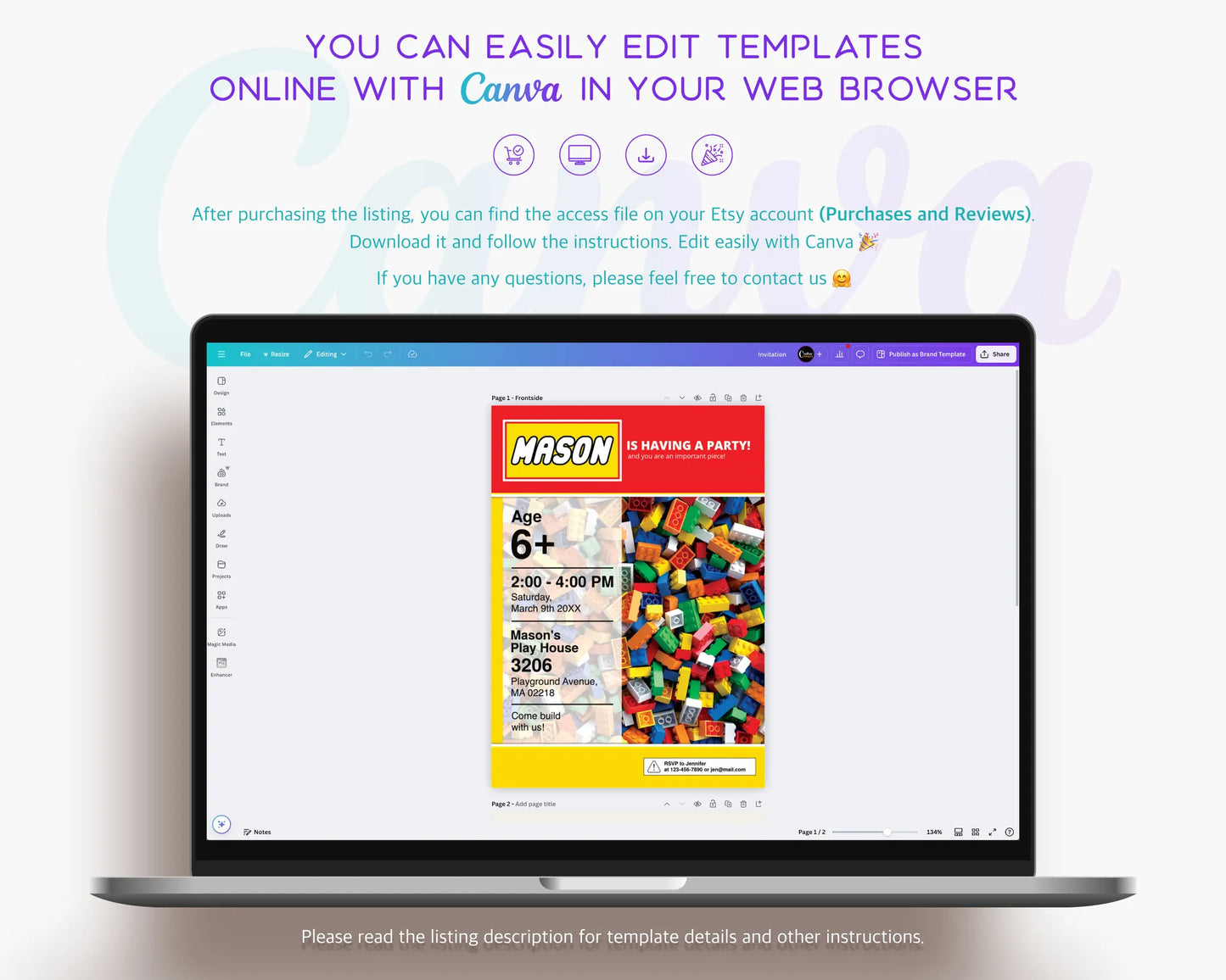 Laptop showing the easy editing process of Lego birthday templates online using Canva