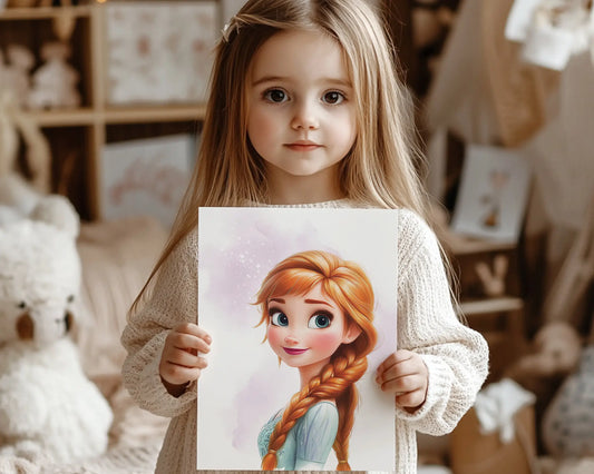 Little girl holding a princess nursery art print with soft watercolor illustration in a cozy room
