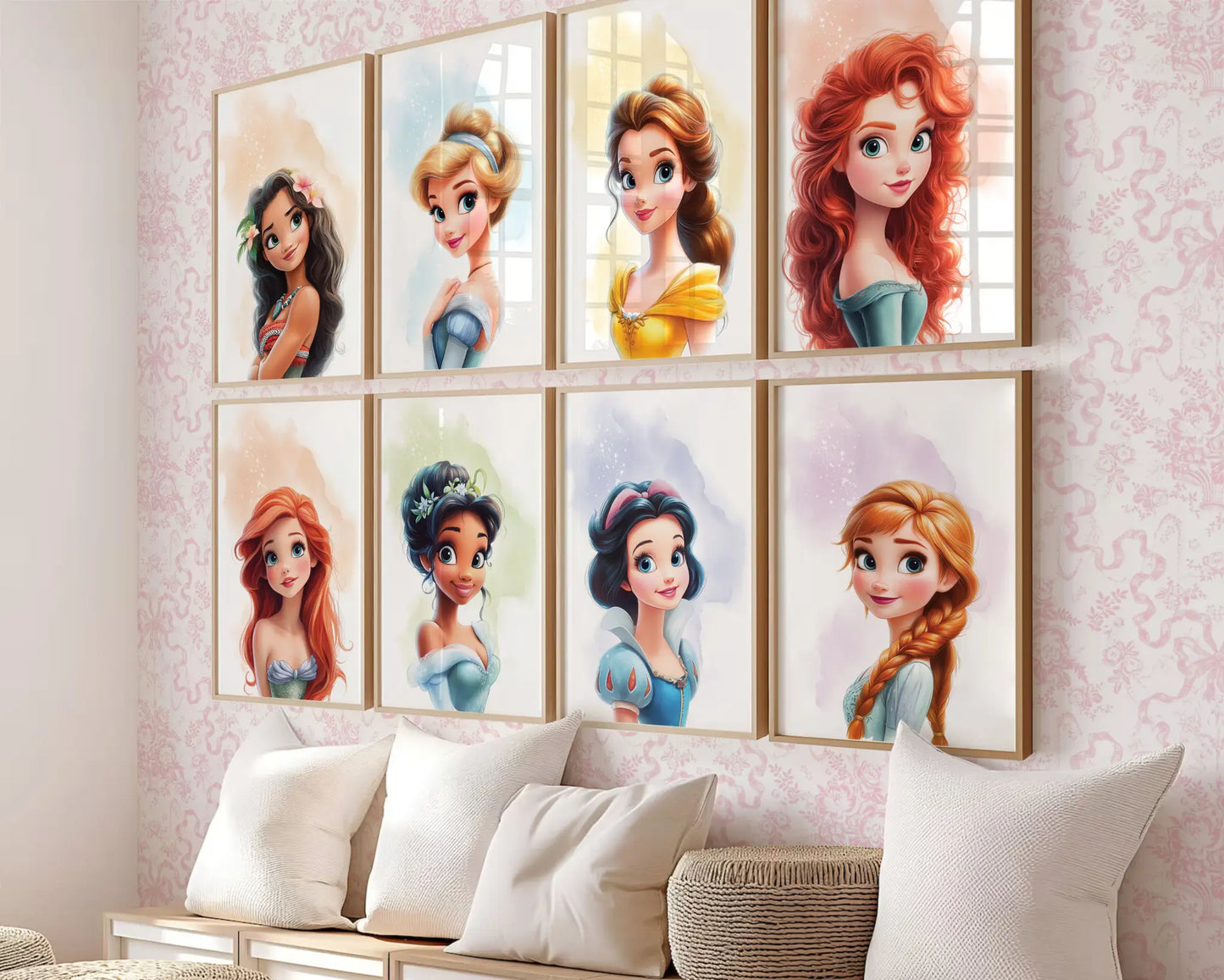Gallery wall with multiple princess nursery prints arranged above seating area in girls room