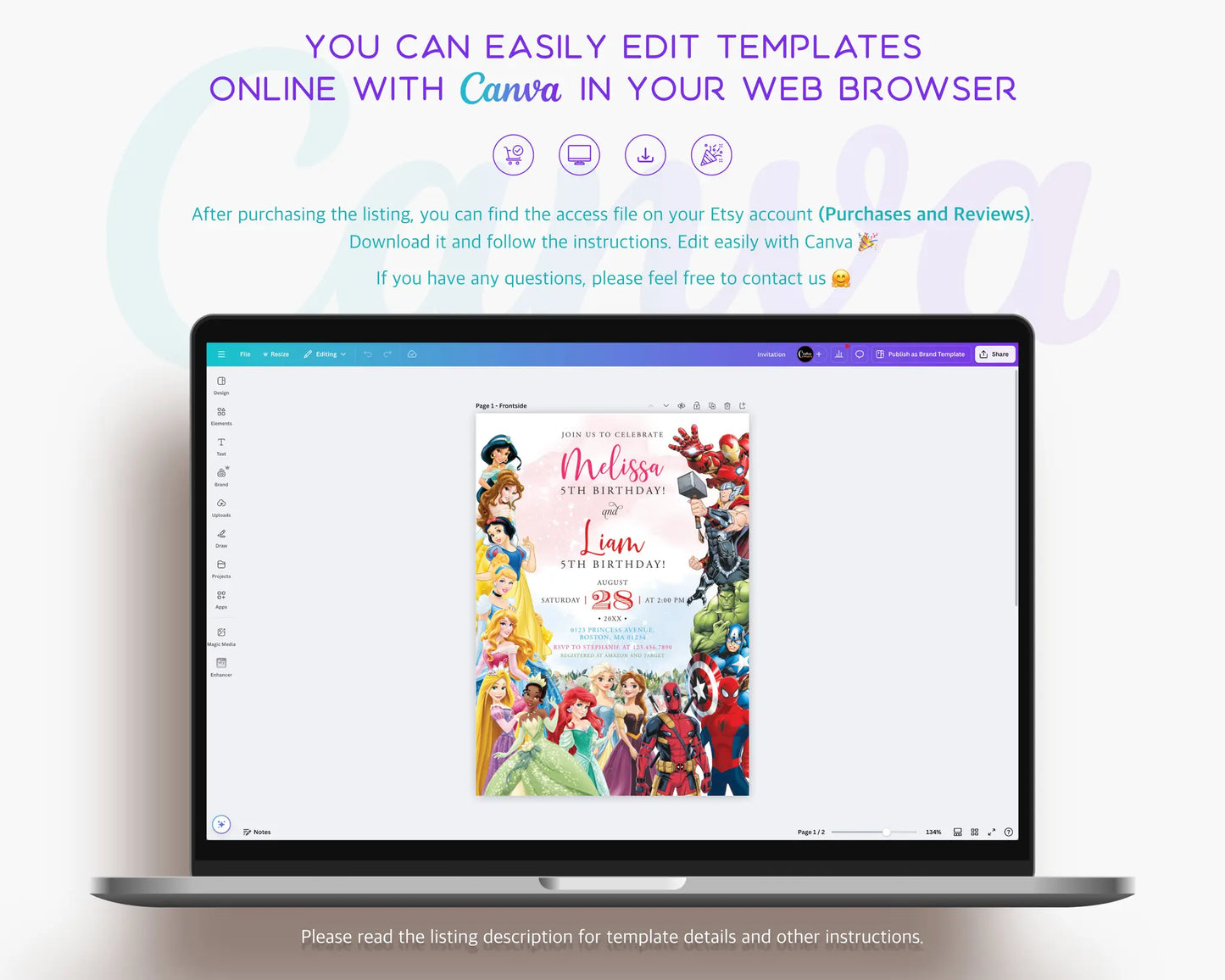 Princess and superhero joint birthday invitation Canva template bundle, digital download for kids’ party invitations.