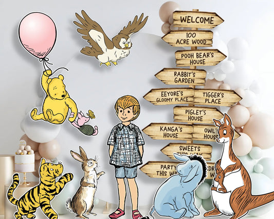 Printable Winnie the Pooh character cutouts with balloons and pastel backdrop, editable PDF for party decoration.