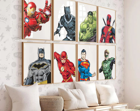 A framed nursery wall art display featuring 8 superheroes including Batman, Flash, Superman, and Green Lantern.