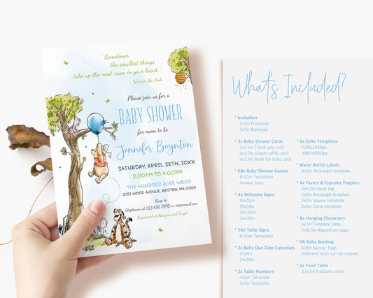 Blue balloon Winnie the Pooh baby shower invitation card held by hand, editable Canva template with woodland tree and Pooh Bear.