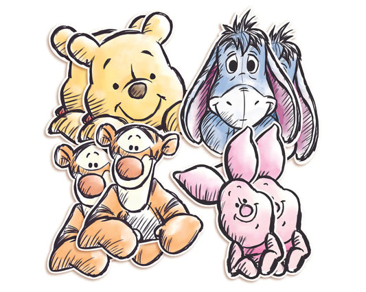 Set of Winnie the Pooh characters including Pooh Bear, Piglet, Tigger, and Eeyore used as hanging decorations for party backdrop.