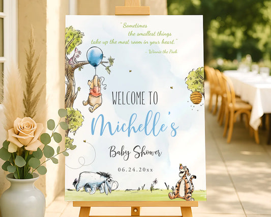 Winnie the Pooh baby shower poster for boy with watercolor Pooh and friends, customizable Canva template
