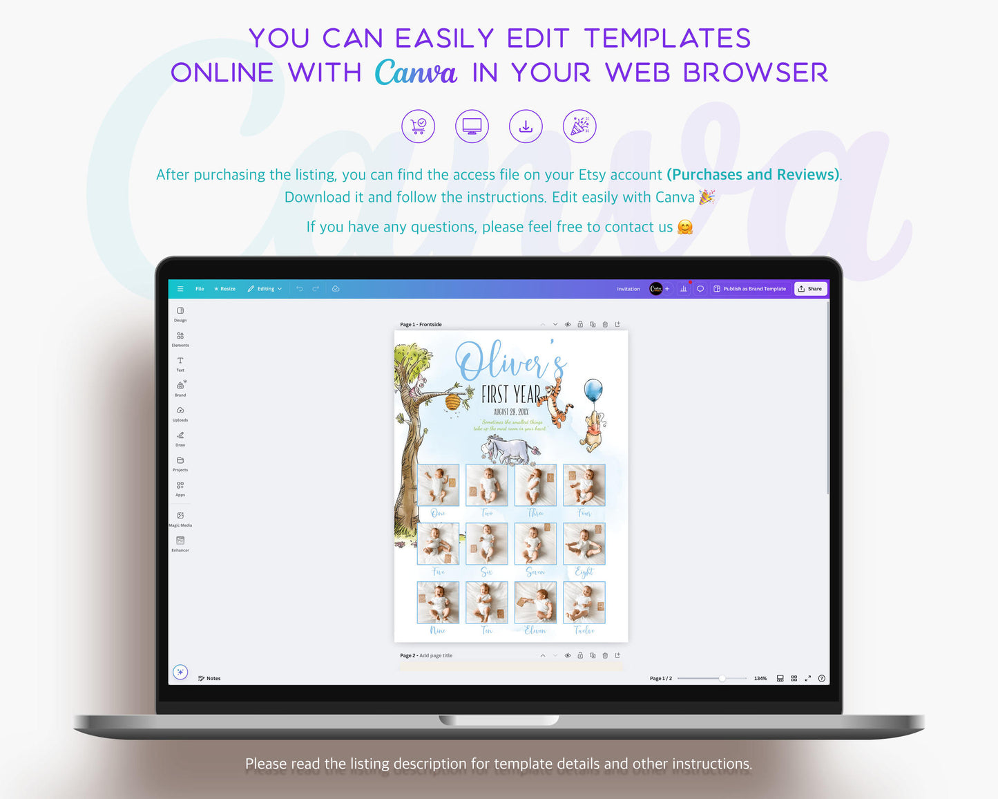 Laptop displaying the step by step process to edit the Winnie the Pooh boy birthday milestone board in Canva
