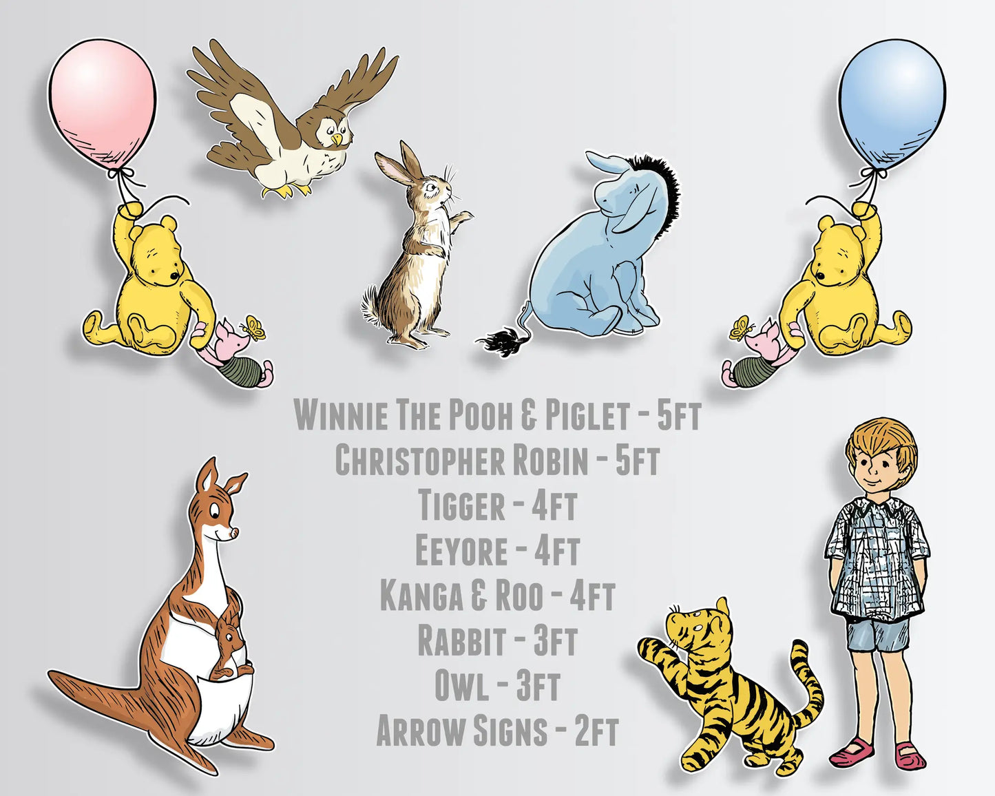 Winnie the Pooh cutout size chart with characters and dimensions, printable party decor PDF.