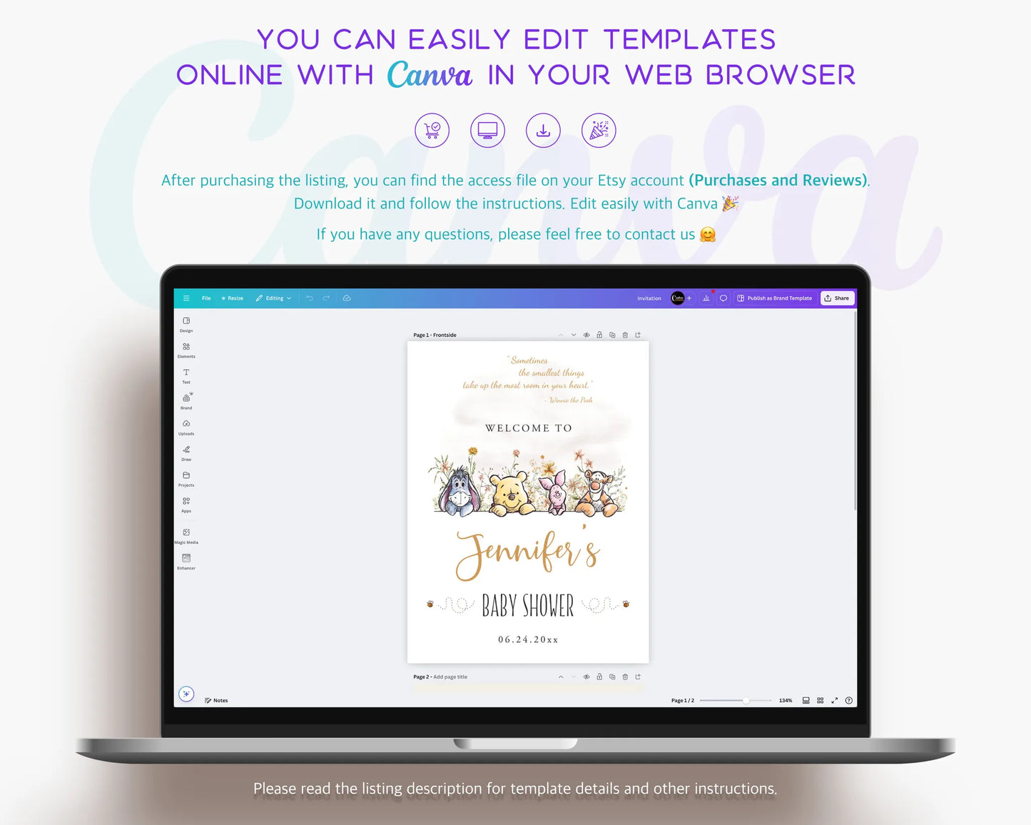 Laptop screen showing the editing process of a Winnie the Pooh welcome sign template in a web browser via Canva