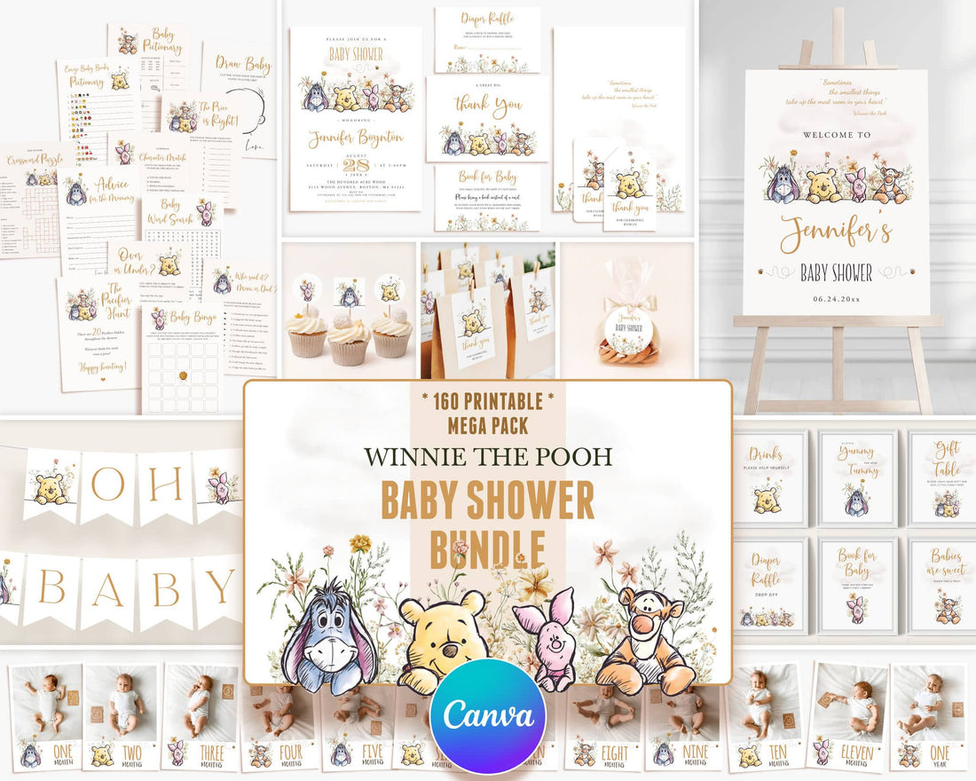 Winnie the Pooh wildflowers baby shower printables bundle displayed on rustic wood table, pastel pink and sage green wildflower décor, editable Canva templates for invitations and signs.