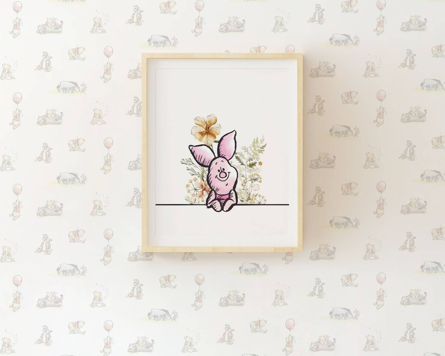 Piglet wall art print with watercolor floral background, framed nursery illustration from Winnie the Pooh series, minimalist pastel wall decor.