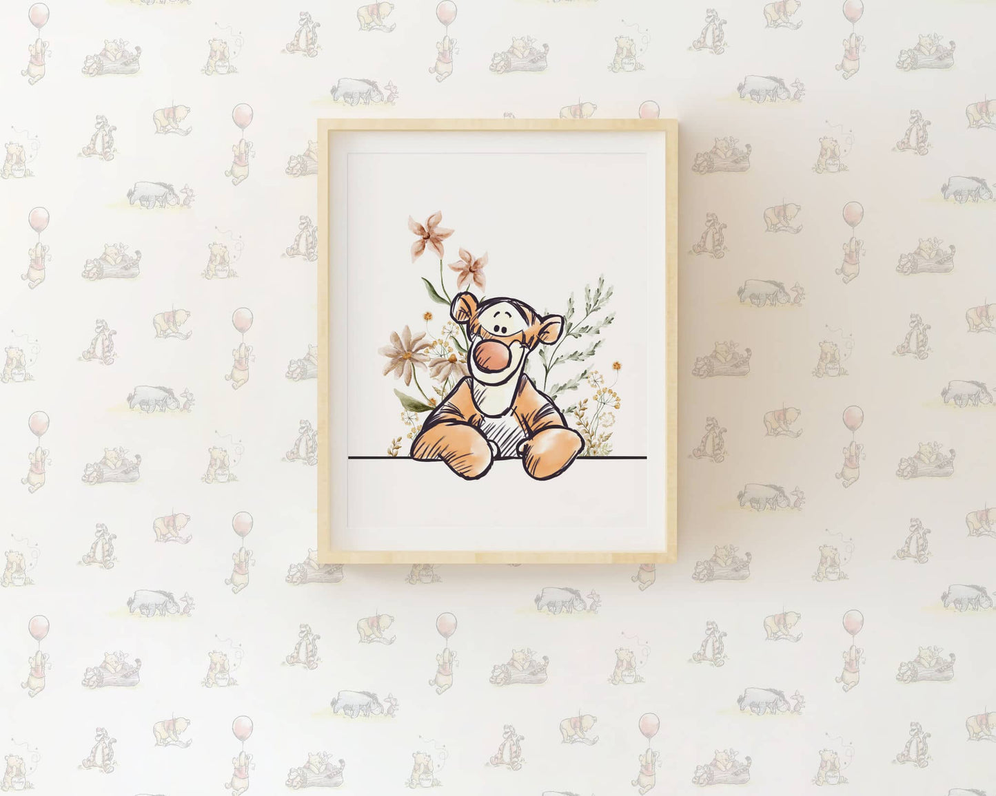 Tigger wall art print with watercolor floral background, framed nursery decor from Winnie the Pooh collection, cheerful orange character illustration.
