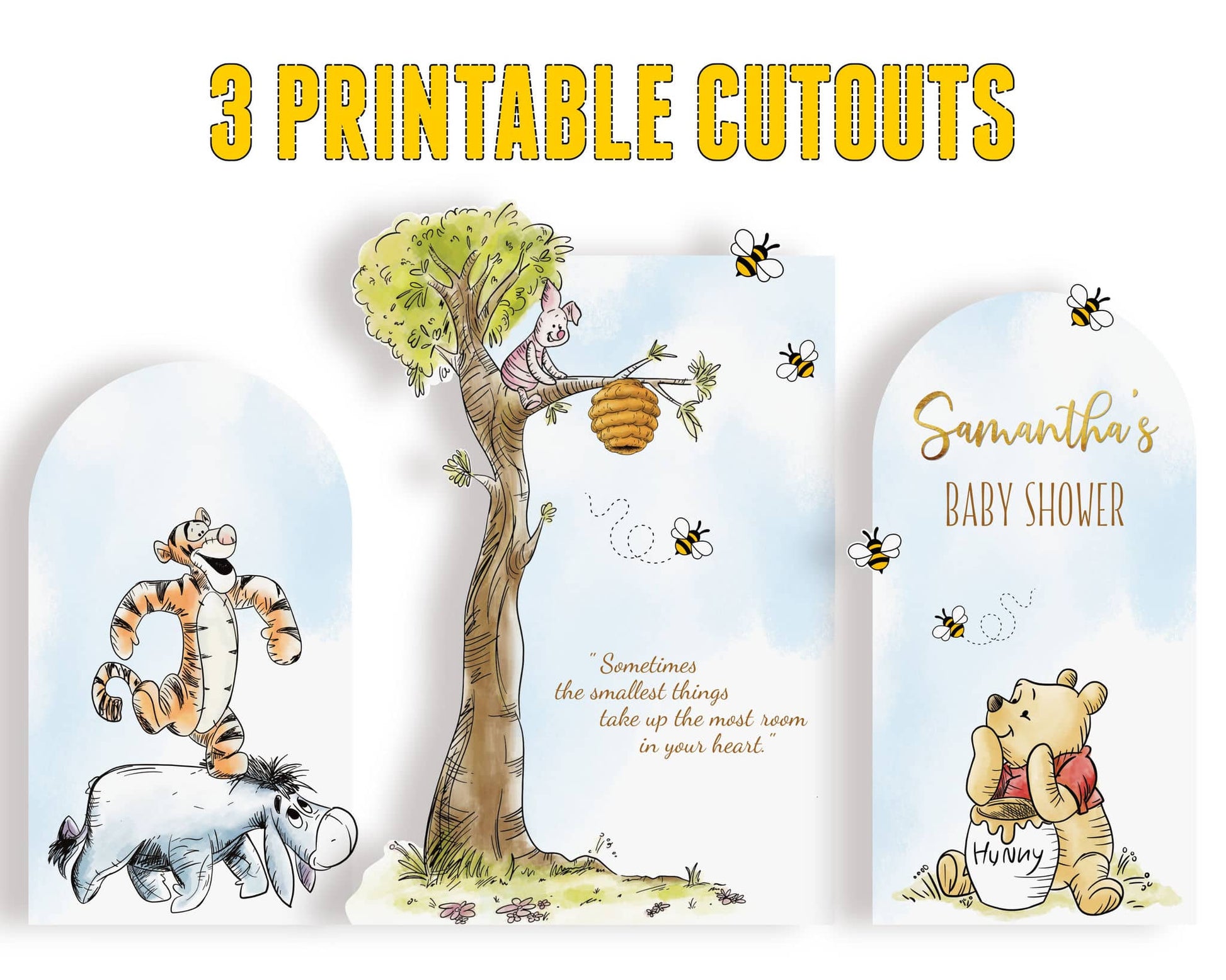 Set of 3 printable Winnie the Pooh cutouts featuring Pooh, Piglet, Tigger, and Eeyore with honey bees and pastel blue background, baby shower party decor.