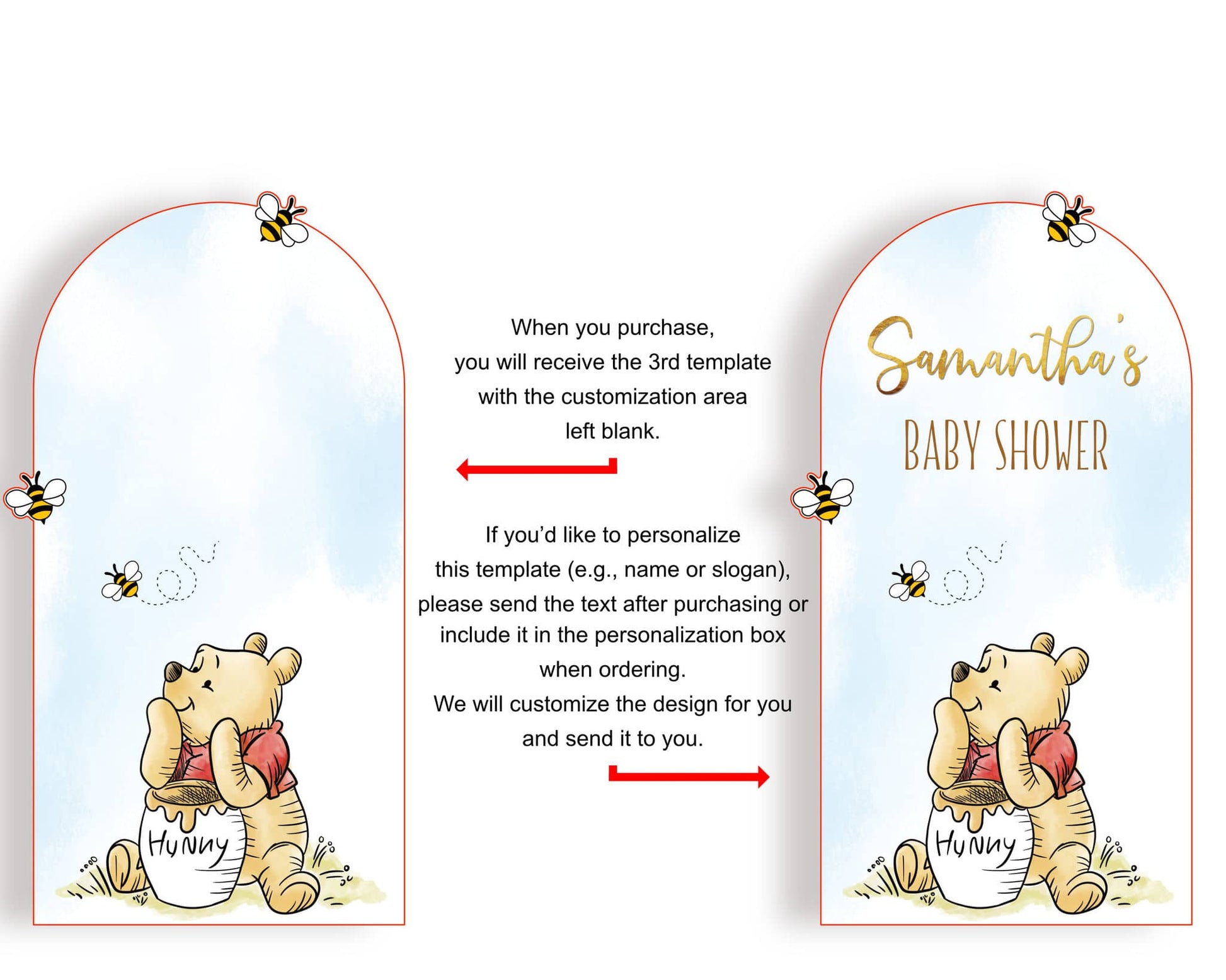 Winnie the Pooh baby shower arch template showing customizable and blank versions, featuring Pooh with honey pot and bees on pastel blue background.