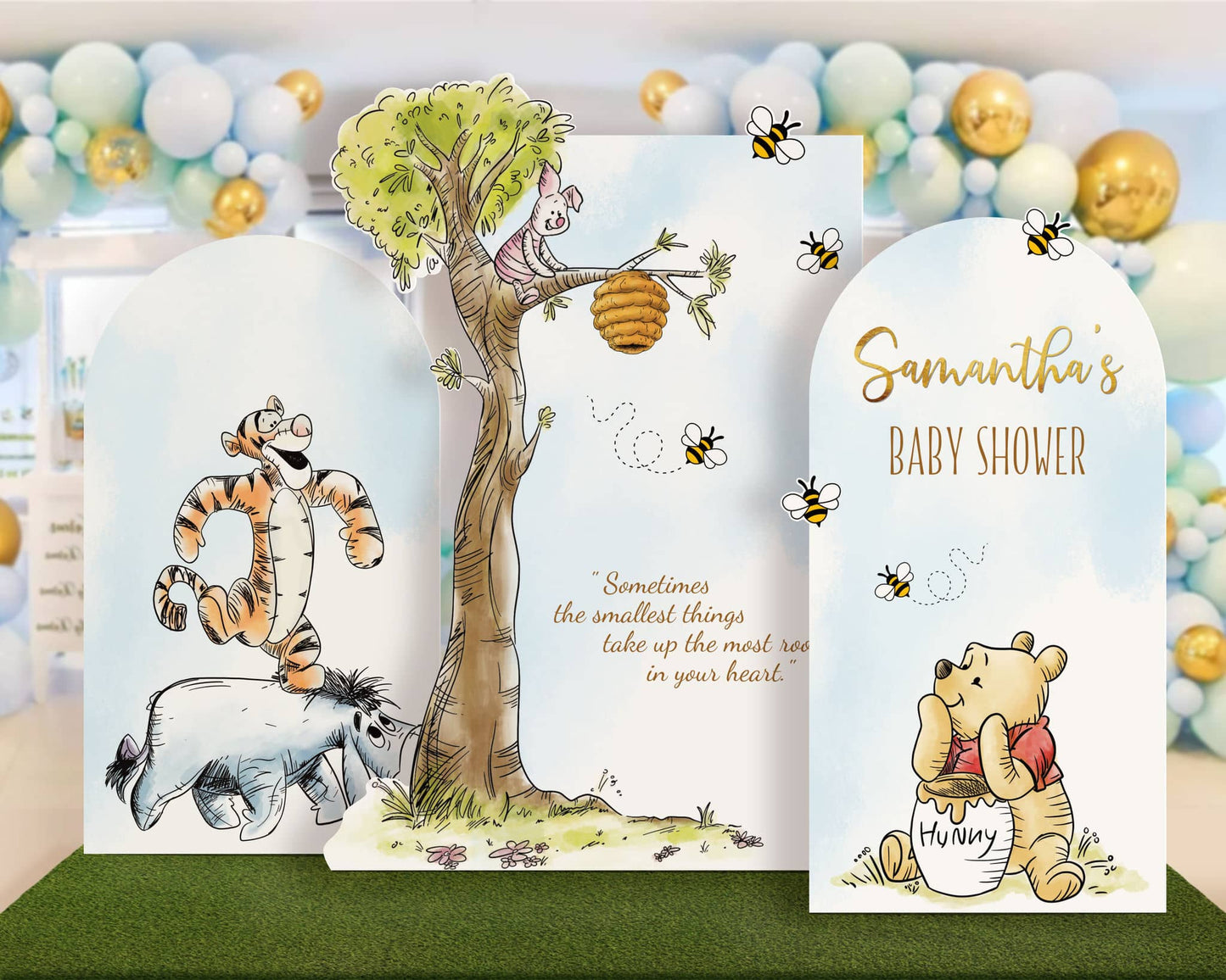 Winnie the Pooh baby shower arch backdrop set featuring Pooh, Piglet, and Tigger with honey bees and pastel blue background, printable party decor.