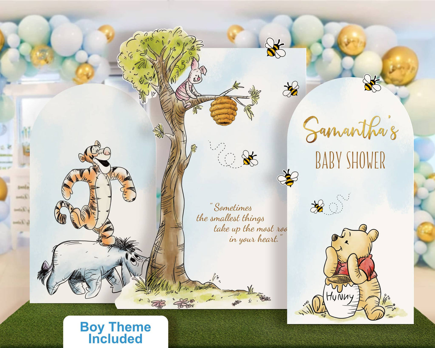 Winnie the Pooh baby shower arch set in light blue tones featuring Pooh, Piglet, and Tigger with bees and tree design, boy theme included printable party backdrop decor.