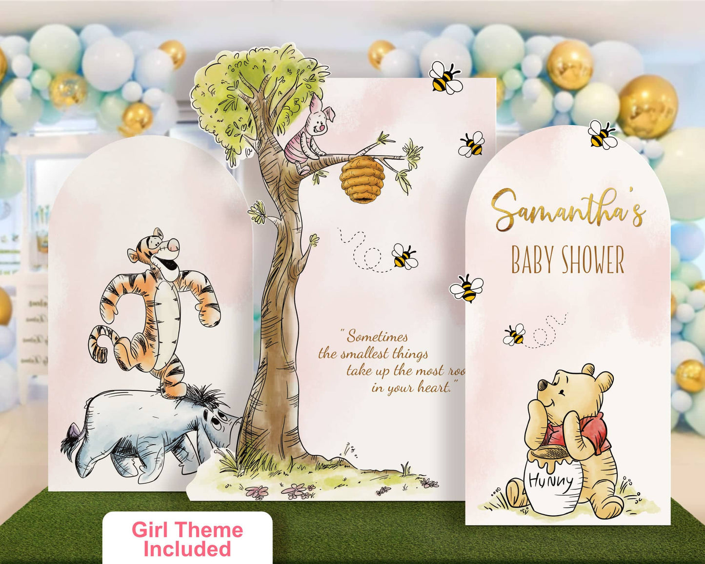 Winnie the Pooh baby shower arch set in soft pink tones featuring Pooh, Piglet, and Tigger with bees and tree design, girl theme included printable party decor.