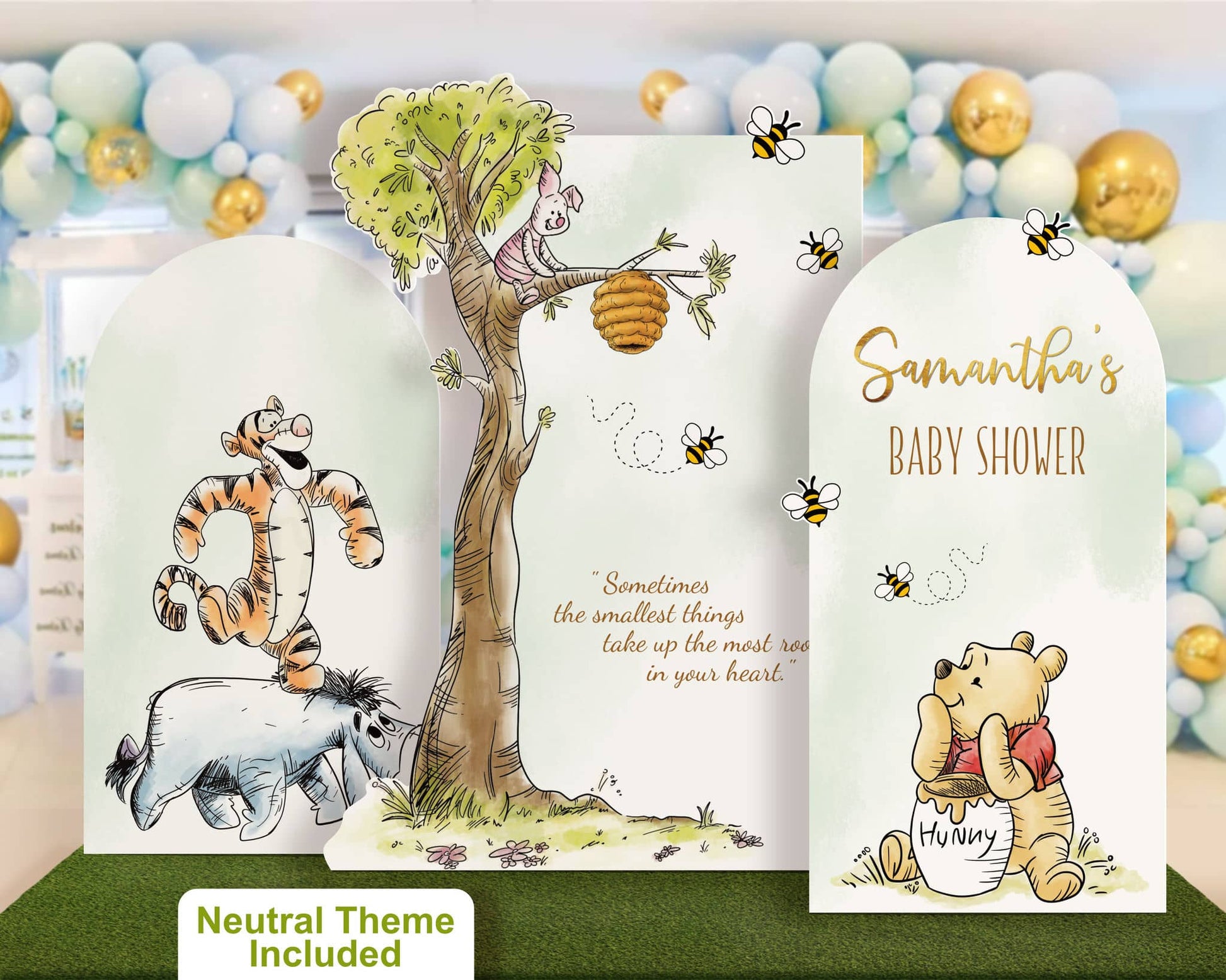 Winnie the Pooh baby shower arch set in soft neutral tones featuring Pooh, Piglet, and Tigger with bees and tree illustration, gender-neutral printable party decor.