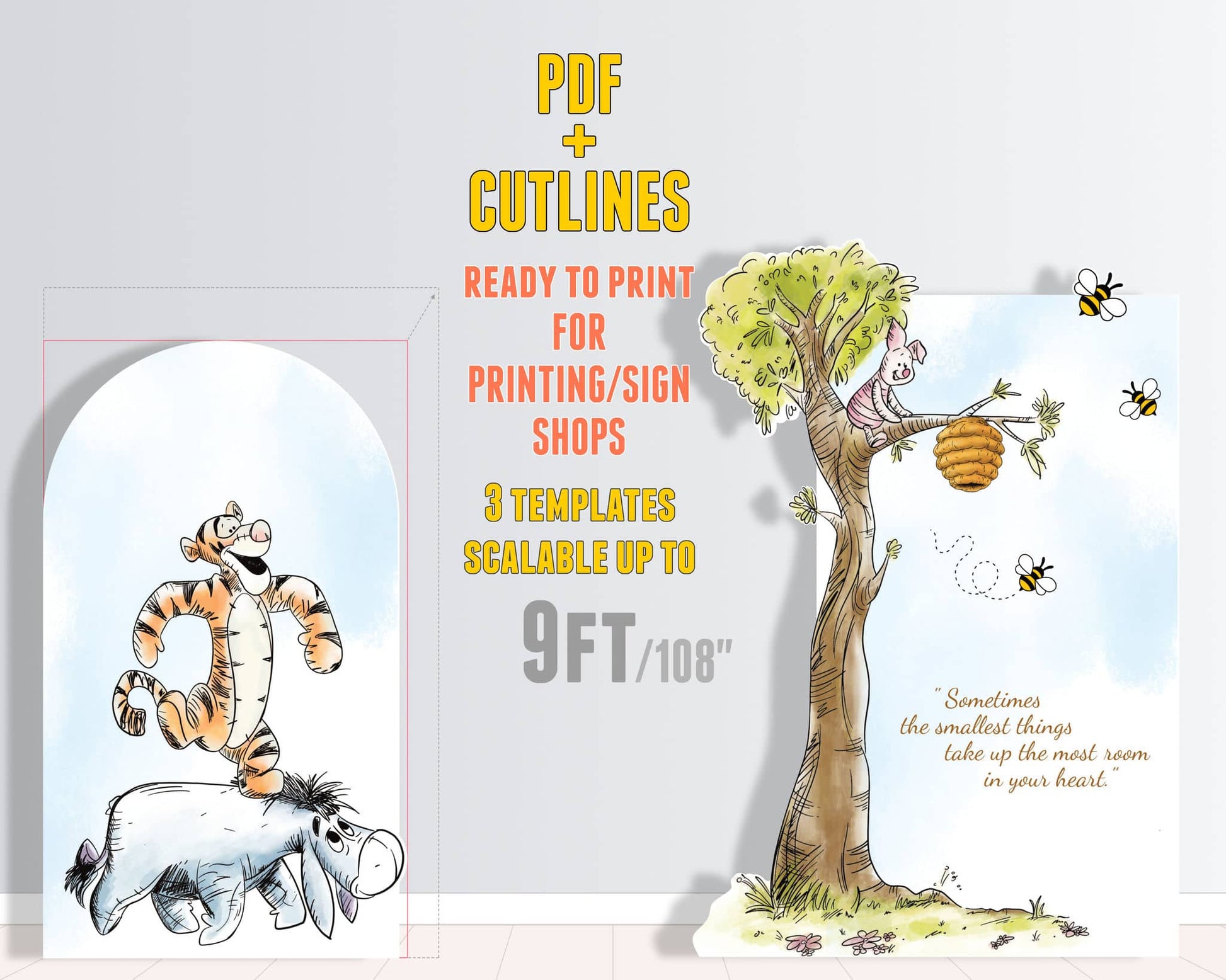 Winnie the Pooh printable arch templates with Tigger, Piglet, and Pooh designs, ready-to-print PDF and cut files for sign shops, scalable up to 9ft backdrop decor.