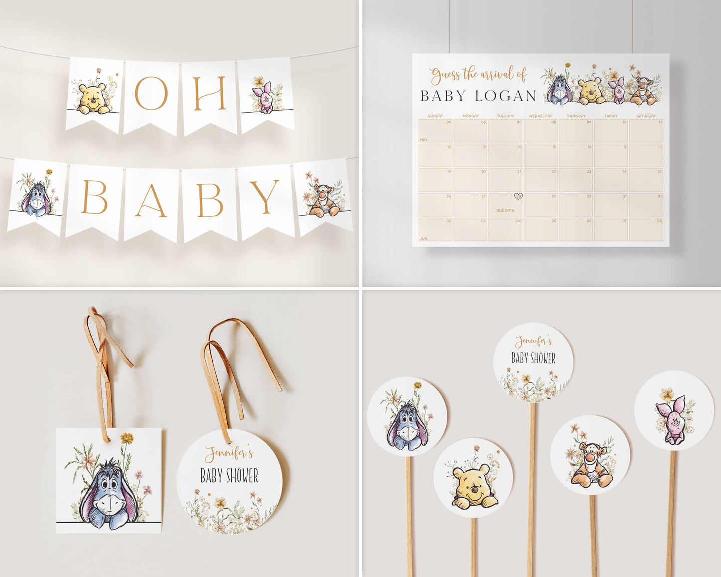 Winnie the Pooh baby shower printable set with Oh Baby bunting banner, due date calendar, favor tags, and cupcake toppers.