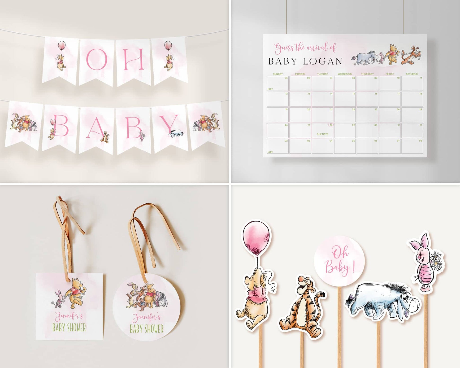 Pink Winnie the Pooh baby shower décor set with “Oh Baby” banner, baby due date calendar, hanging favor tags, and cute character cupcake toppers.