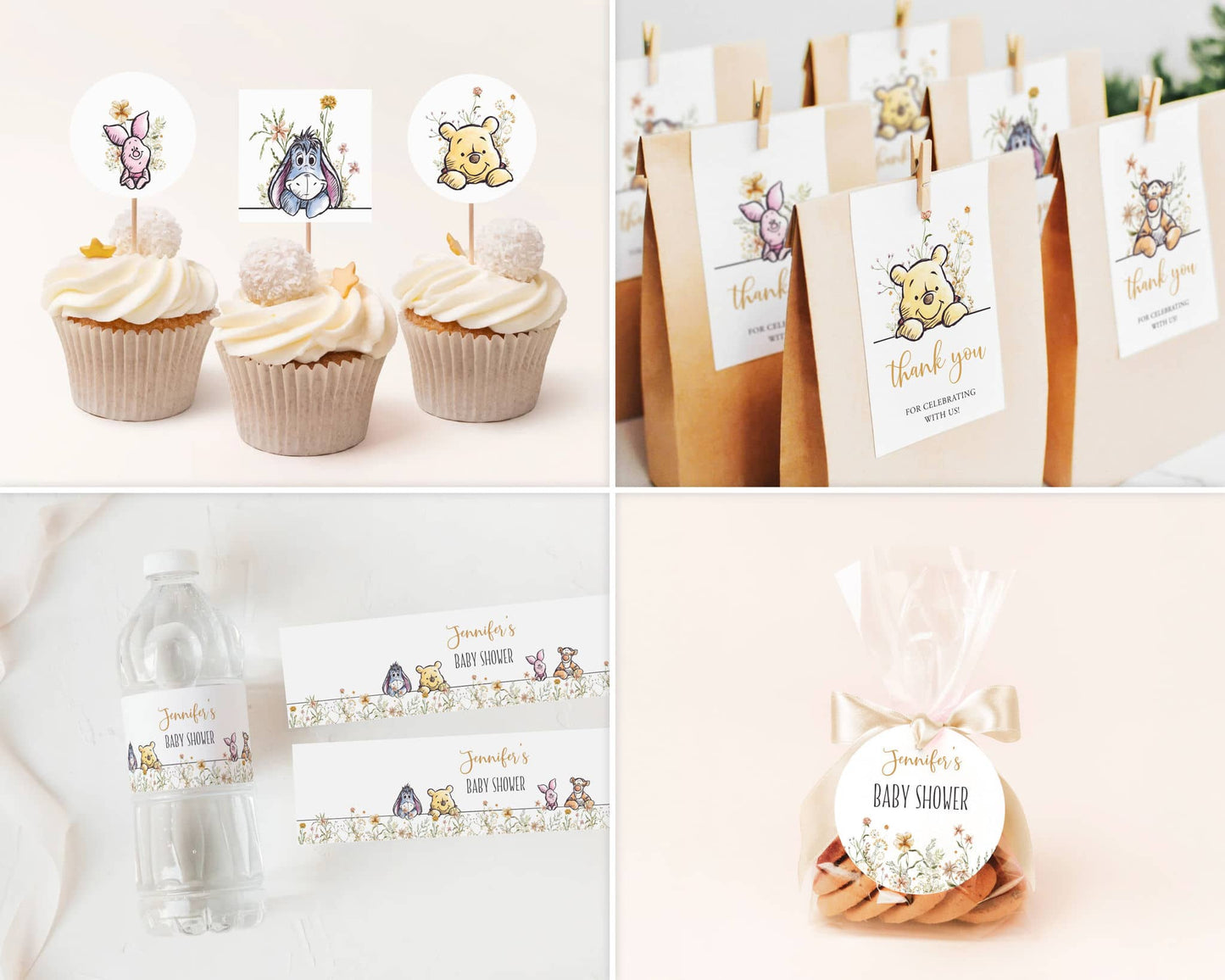 Winnie the Pooh baby shower favor tags, cupcake toppers, and water bottle labels featuring Pooh, Piglet, and Eeyore in floral watercolor style.