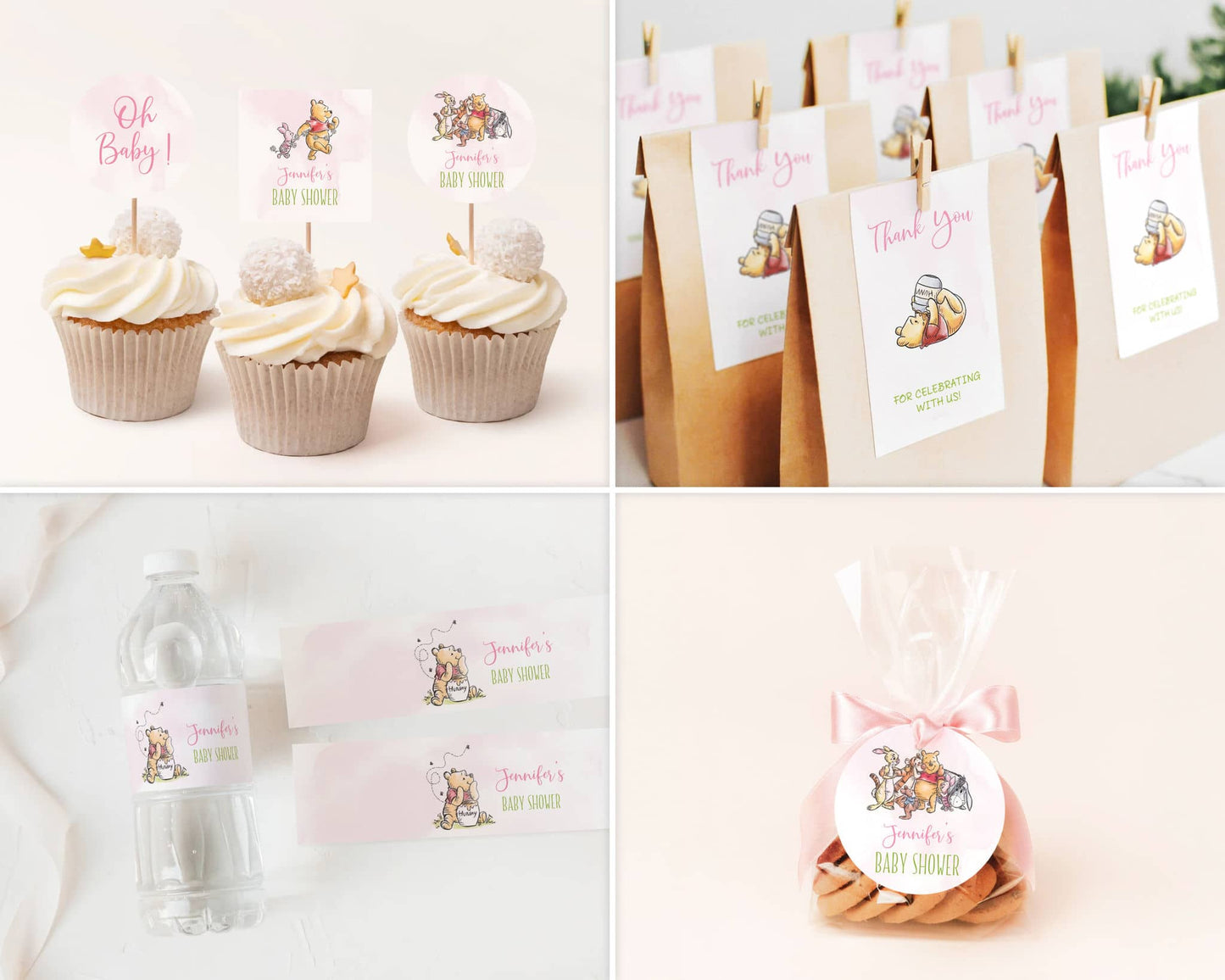 Pink Winnie the Pooh baby shower favor tags, cupcake toppers, and water bottle labels with watercolor designs and thank you messages.