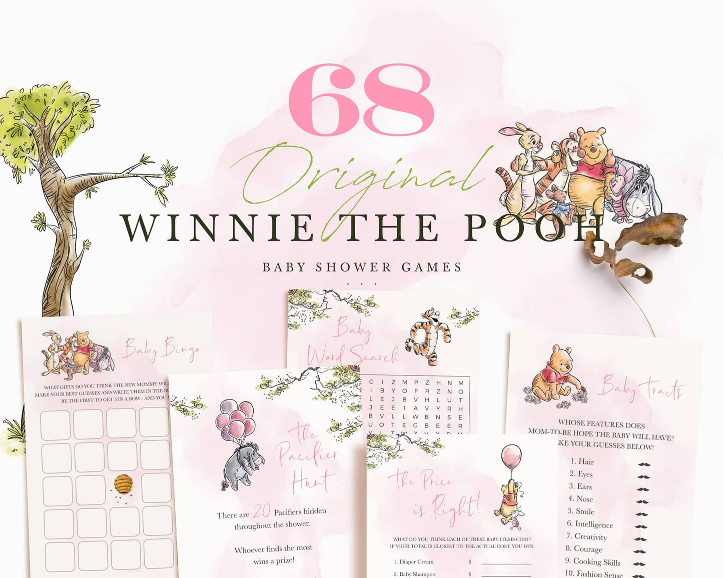 Pink Winnie the Pooh baby shower games bundle featuring 68 printable templates including baby bingo, word search, pacifier hunt, and baby traits quiz.
