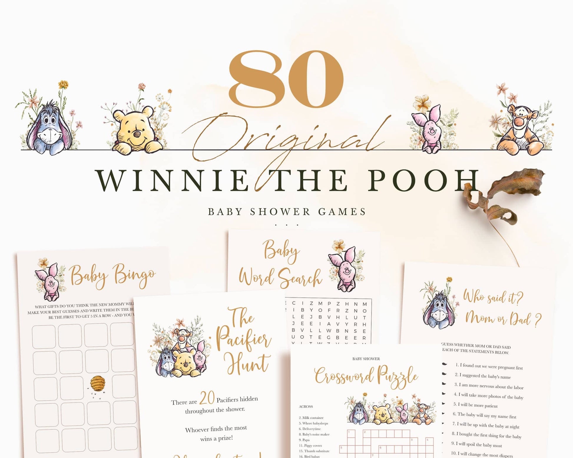 Winnie the Pooh baby shower games set featuring Baby Bingo, Word Search, Pacifier Hunt, and Crossword Puzzle printable templates.