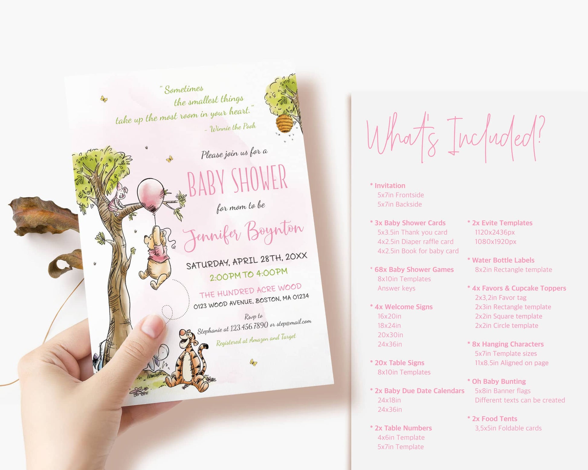 Pink Winnie the Pooh baby shower invitation and matching cards with watercolor floral accents. Editable Canva templates for a sweet and elegant girl baby shower celebration.