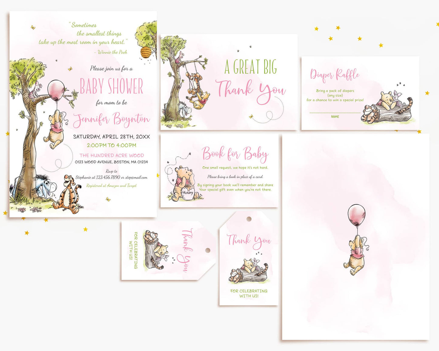 Pink Winnie the Pooh baby shower invitation bundle with watercolor flowers, balloon design, and matching thank you, diaper raffle, and book-for-baby cards.