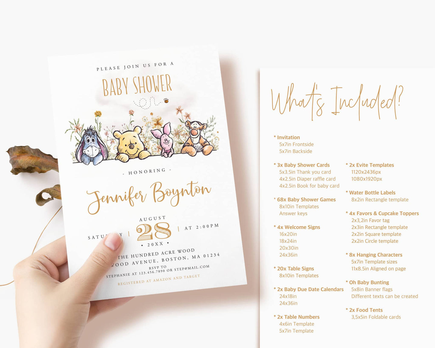 Winnie the Pooh baby shower invitation and printable bundle showing included templates and designs.