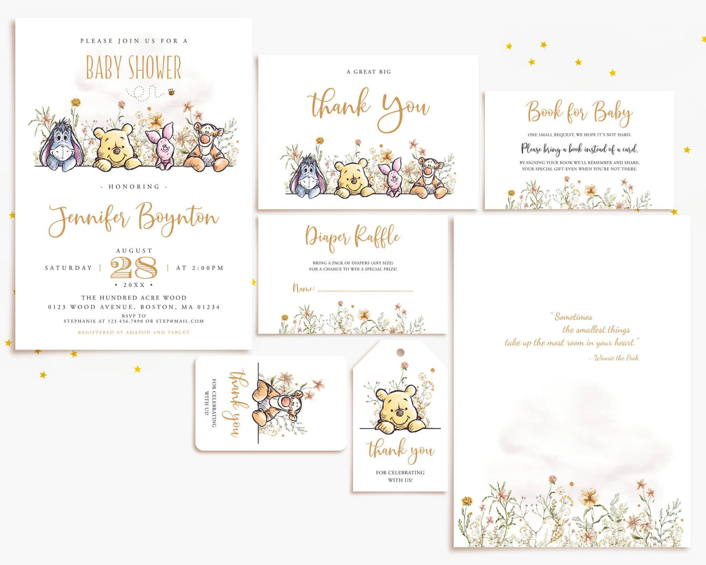 Winnie the Pooh baby shower invitation, thank you card, diaper raffle, and book for baby printable templates.