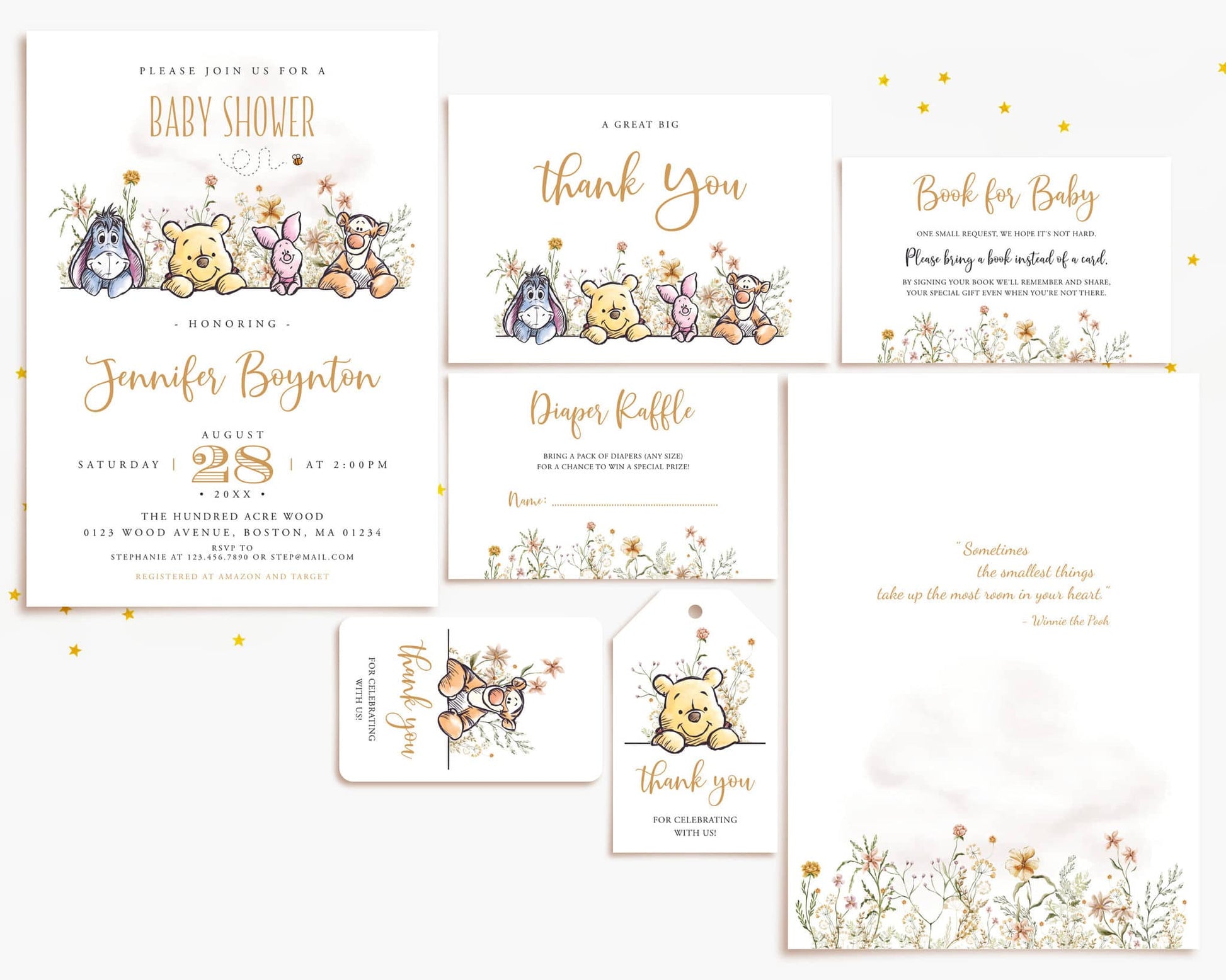 Winnie the Pooh baby shower invitation, thank you card, diaper raffle, and book for baby printable templates.