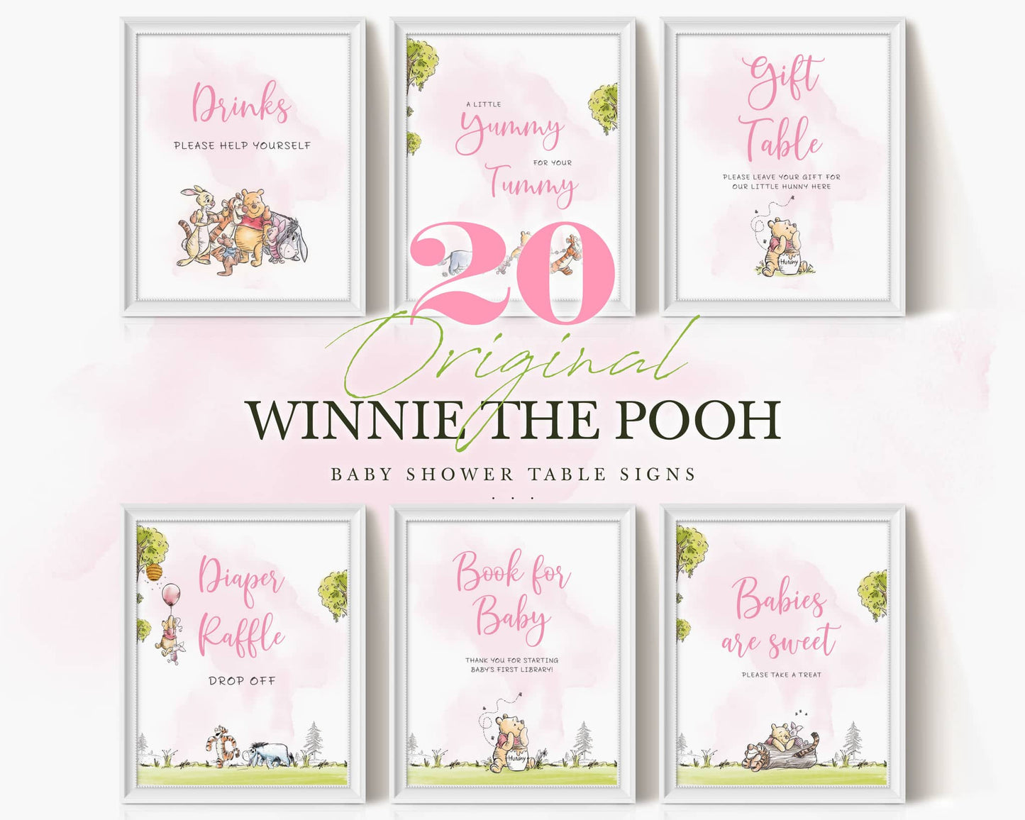Set of 20 pink Winnie the Pooh baby shower table signs with floral watercolor designs and text like “Gift Table,” “Diaper Raffle,” and “Babies Are Sweet.”