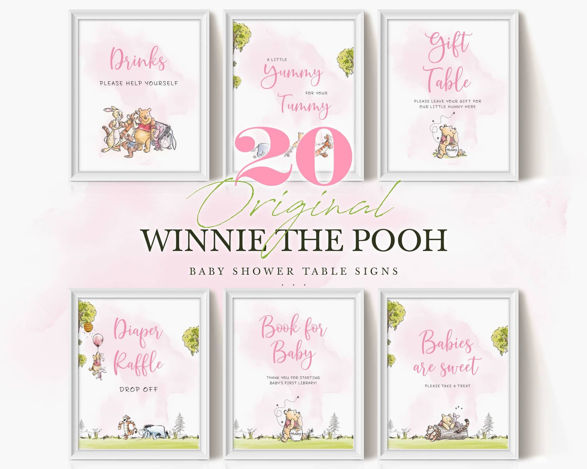 Set of 20 pink Winnie the Pooh baby shower table signs with floral watercolor designs and text like “Gift Table,” “Diaper Raffle,” and “Babies Are Sweet.”
