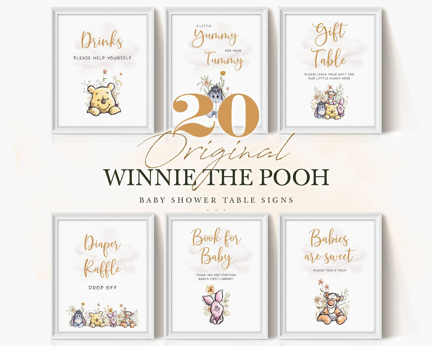 Winnie the Pooh baby shower table sign bundle with drink, gift table, diaper raffle, and book for baby signs in soft watercolor style.